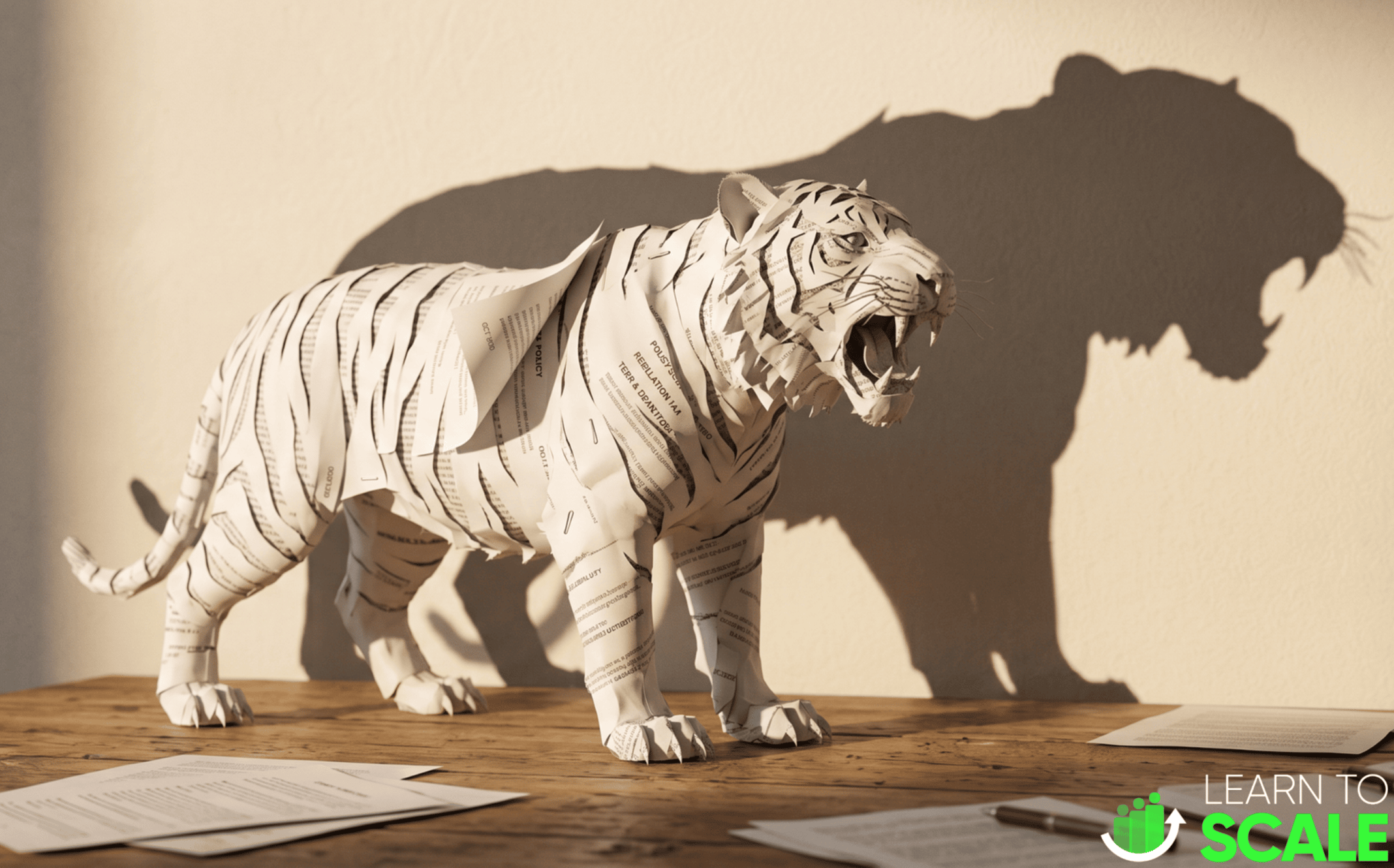 a tiger made of paper, roaring
