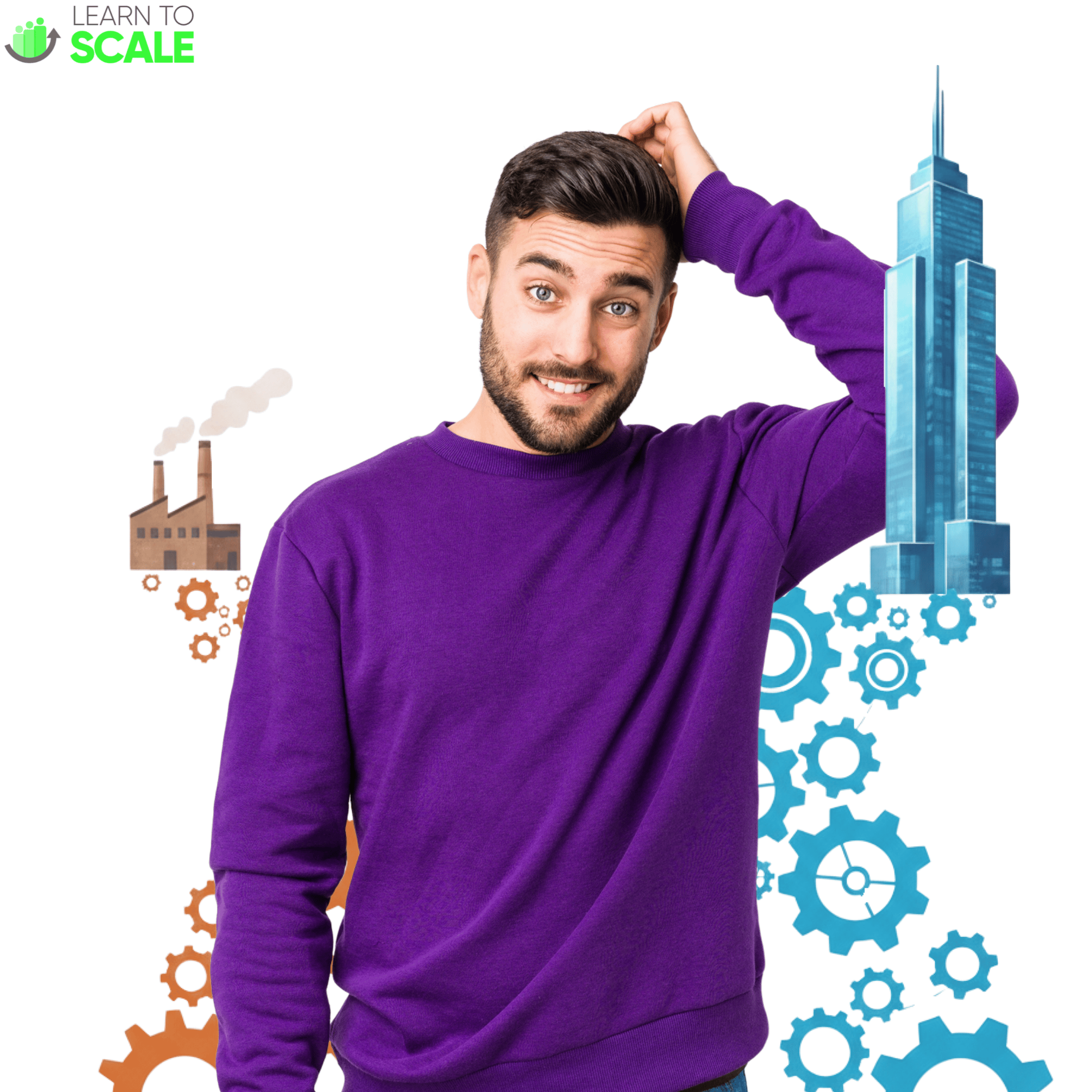 Man in purple sweatshirt between two pathways, one leads to a small factory, one leads to a tall skyscraper.