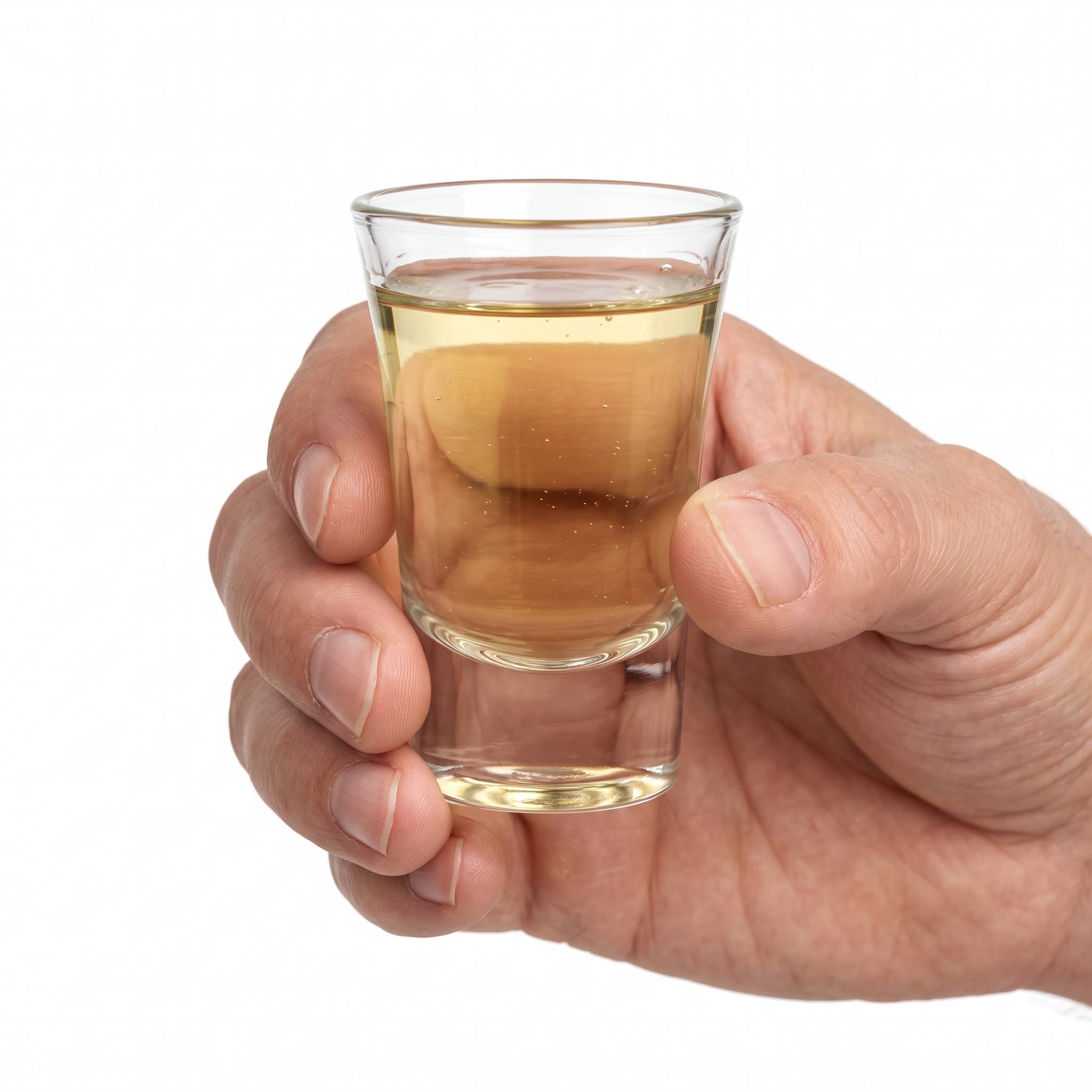 a hand holding a shot glass of gasoline