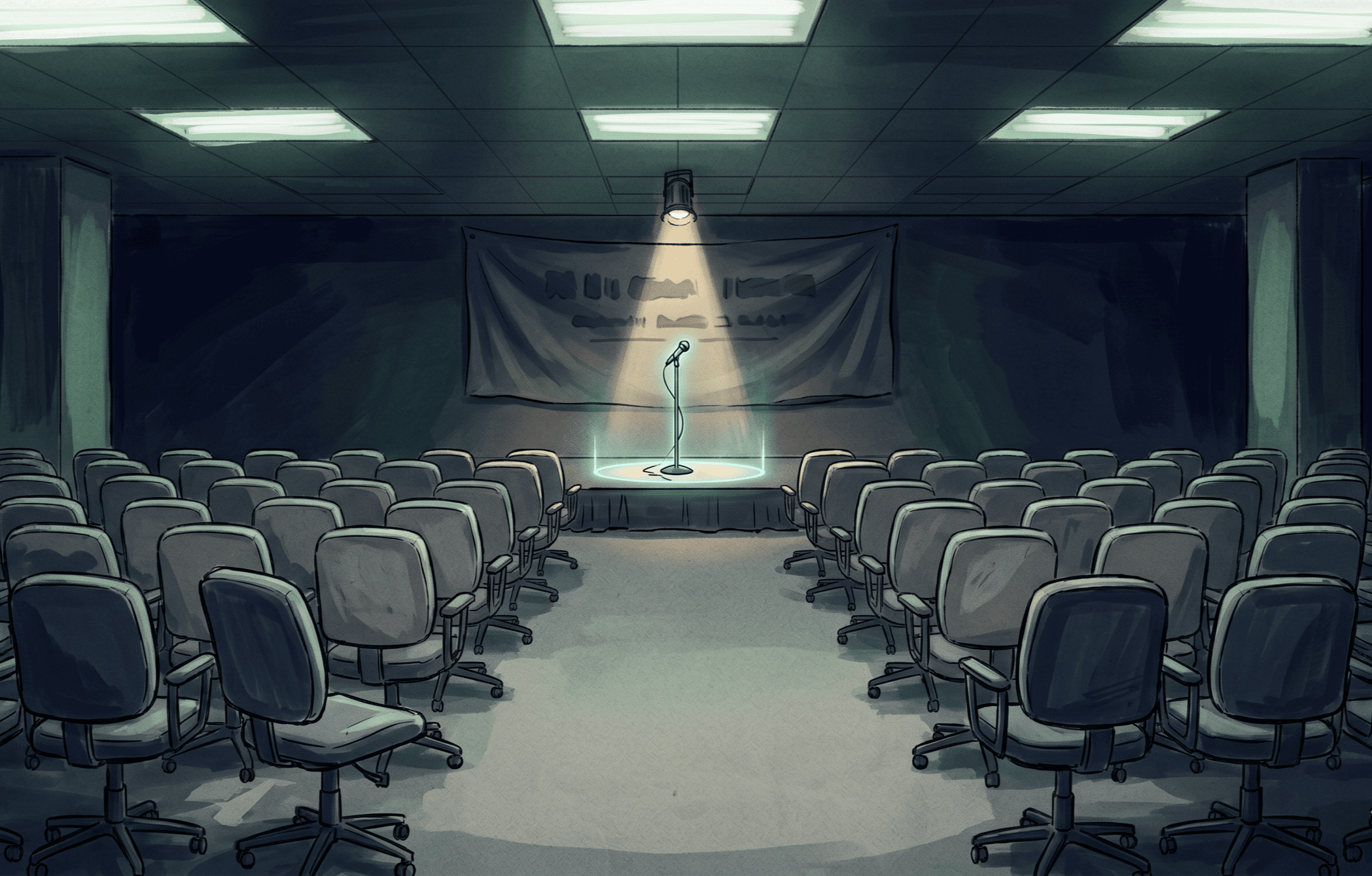 An empty corporate auditorium illustration: rows of gray office chairs facing a small stage with a single spotlit microphone surrounded by a faint cyan-blue glow.