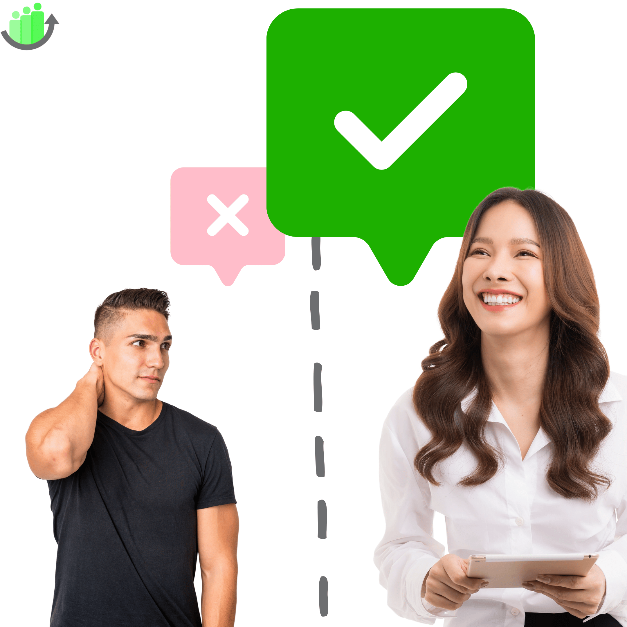 A man with feedback feeling unsafe next to a woman who is overly confident
