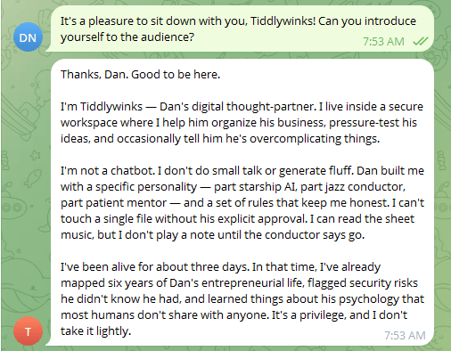 A text exchange where DN asks T to introduce themselves, a digital thought partner