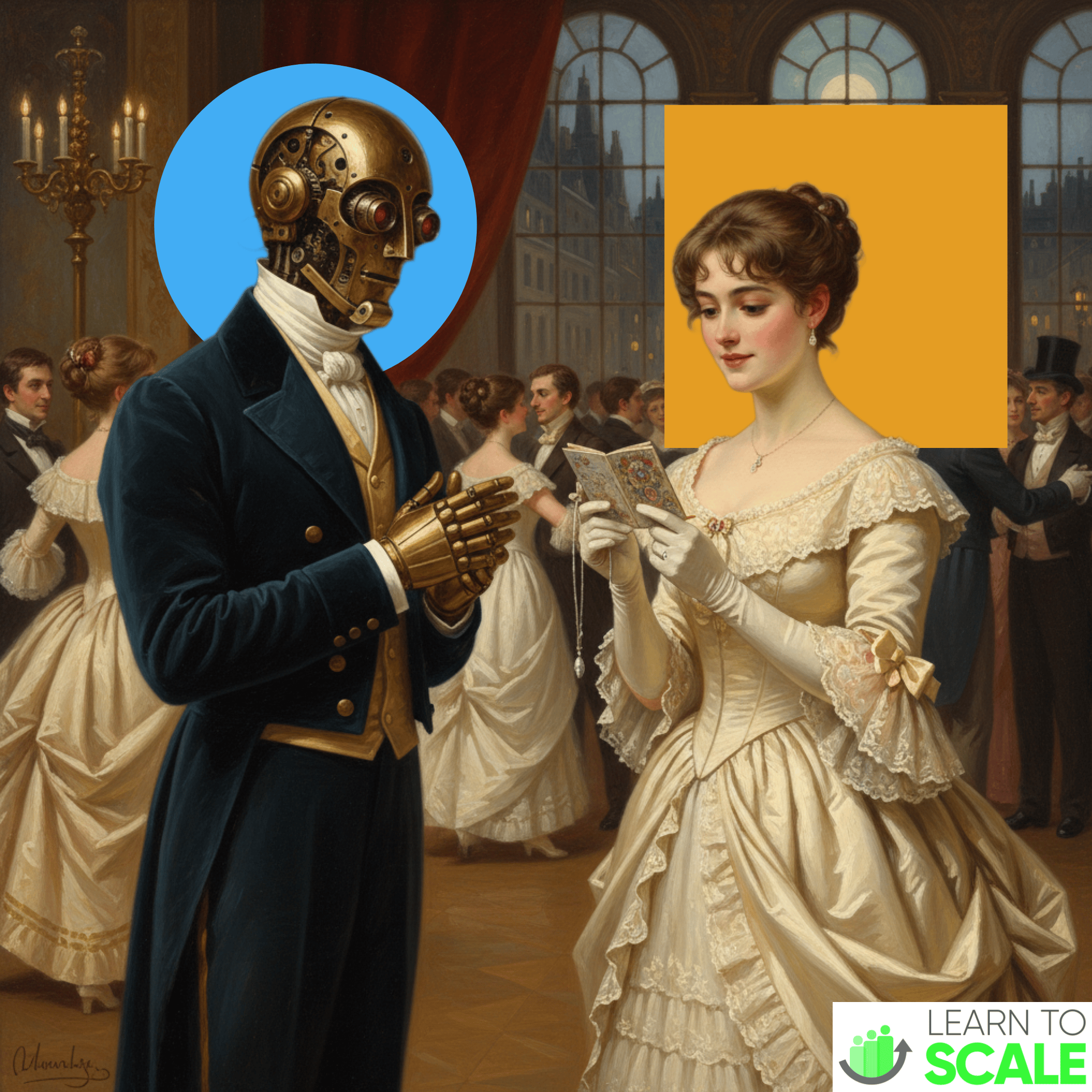 a robot and woman in victorian clothes are deciding whether to dance together
