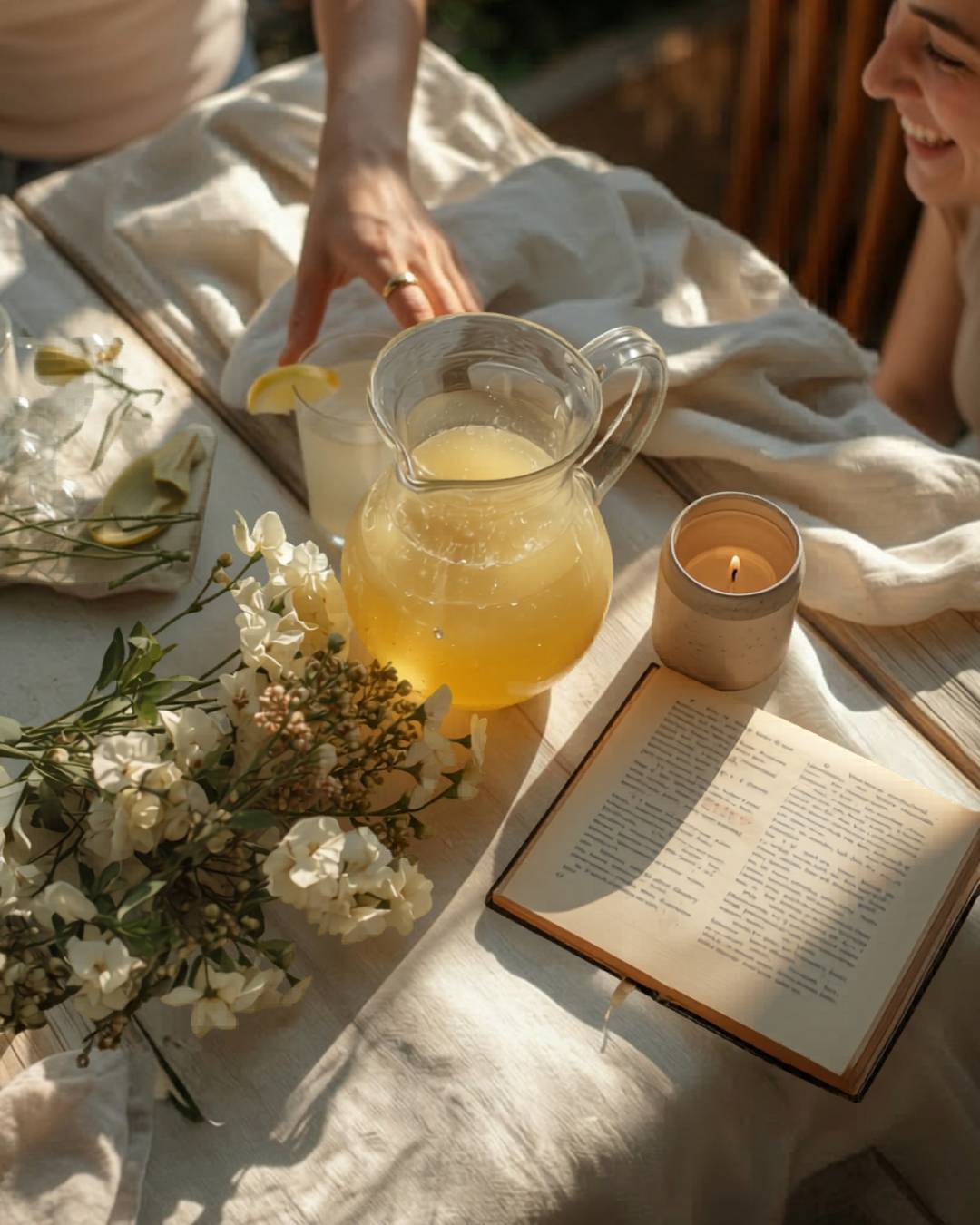 An outdoor gathering scene with lemonade, flowers, and an open book.