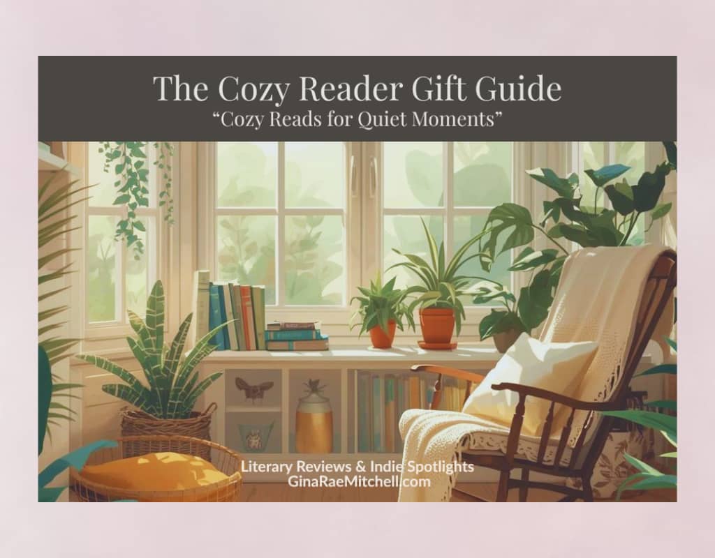 A Cozy reading nook with a banner announcing The Cozy Reader Gift Guide and ginaraemitchell.com branding at the bottom