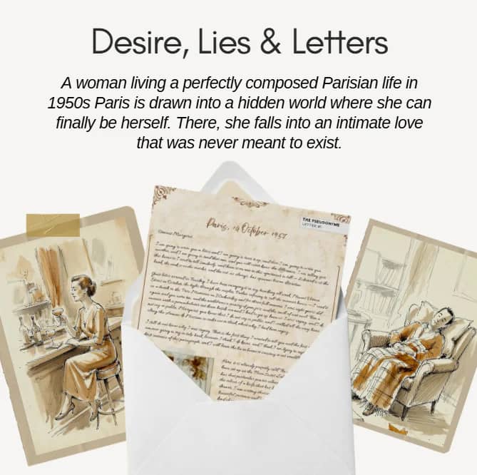 Vintage-inspired image promoting serialized fiction letters from The Forever Post featuring handwritten correspondence, envelopes, and cozy literary styling.