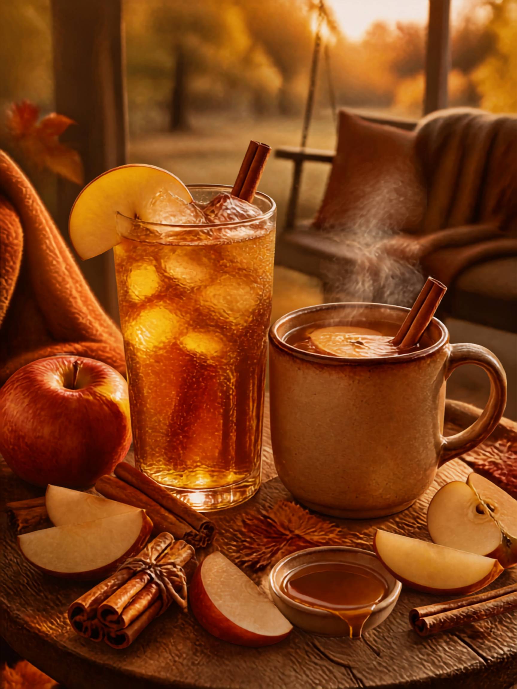 Hot and iced maple-spiced apple cider with apples and cinnamon on an autumn porch