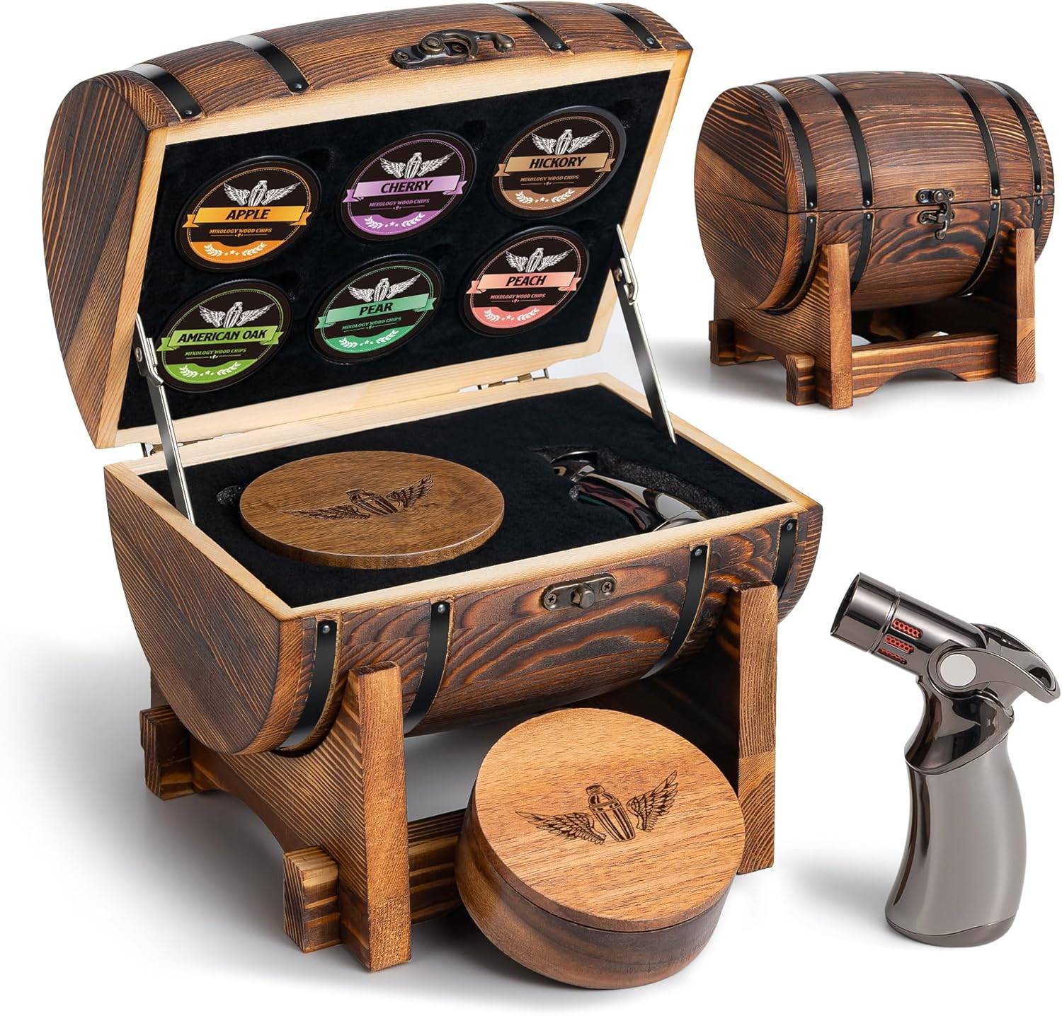 Luxury whiskey smoker kit with wooden barrel presentation box, smoking torch, and flavored wood chips for crafting smoked cocktails at home. Featured in Gina's May 29, 2026 Friday Finds