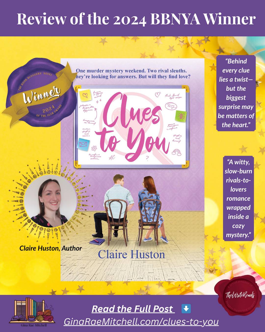  “Instagram square graphic for Clues to You by Claire Huston, Winner of the 2024 BBNYA Award. Features book cover, author photo, pull quotes, and review link on ginaraemitchell.com.