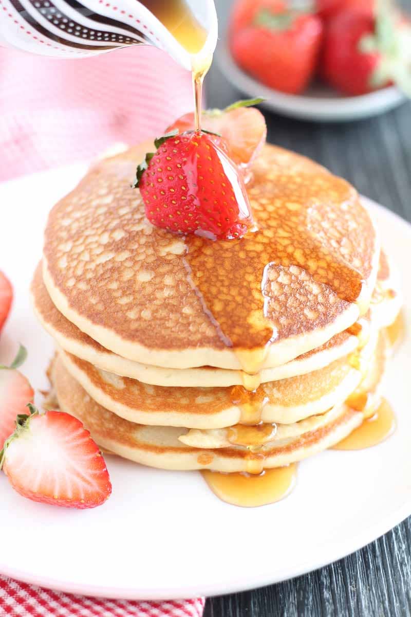 a stack of quinoa flour pancakes.