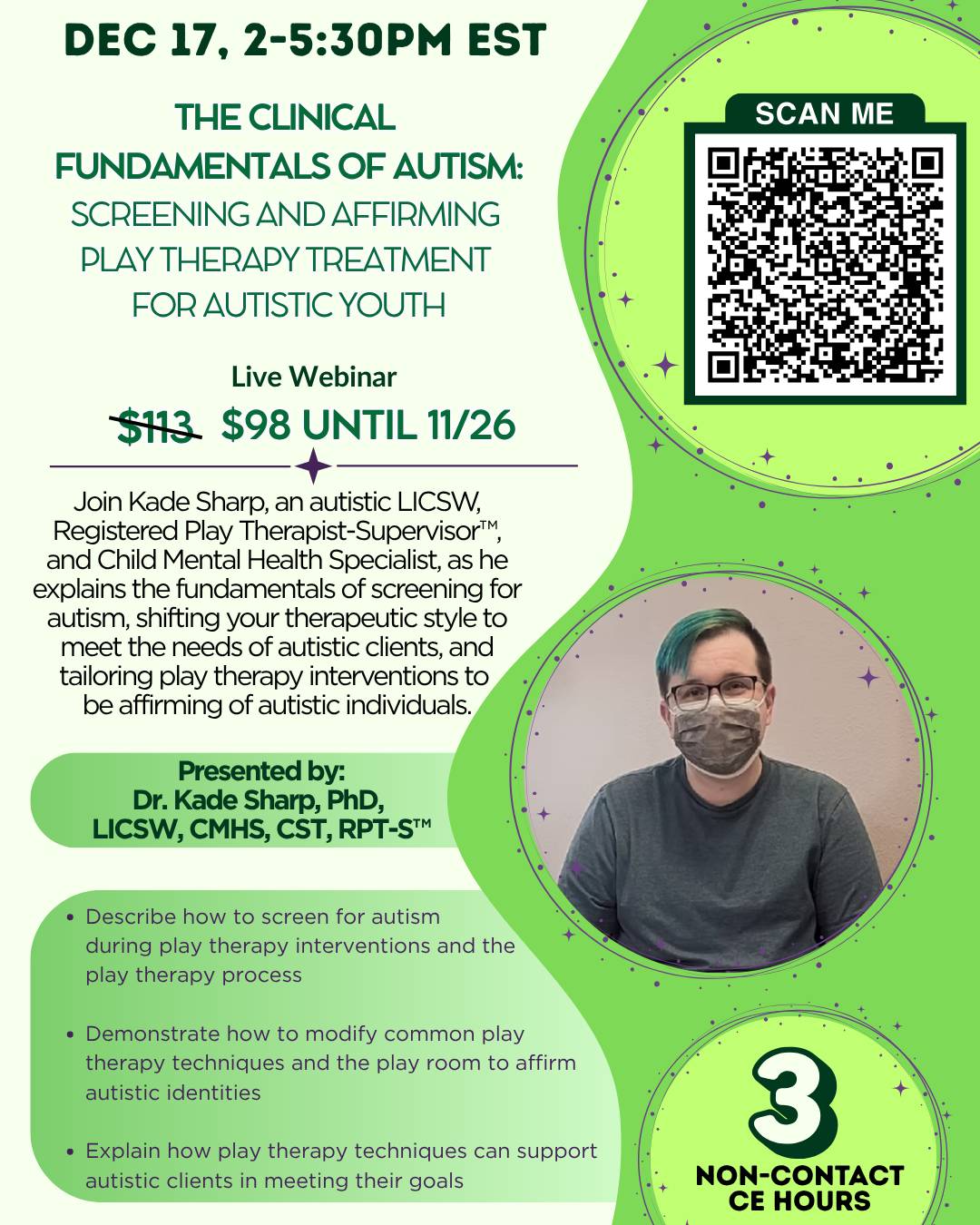 A flyer detailing Kade's Dec 17 training on The Clinical Fundamentals of Autism - view the website linked above for all information.