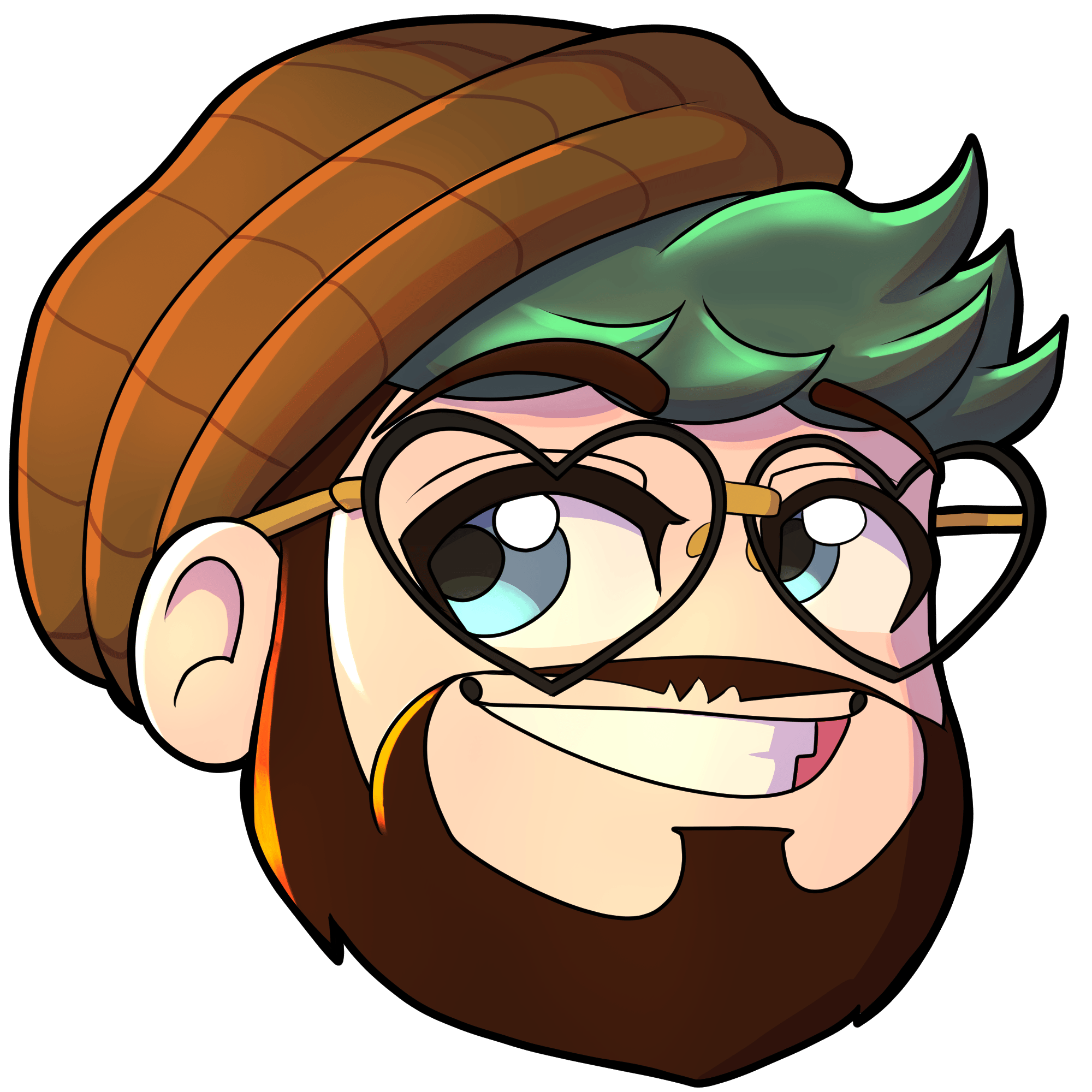 A digitally drawn avatar of Kade, a white person with turquoise hair, blue eyes, a brown beard, a brown beanie, and black & gold heart-shaped glasses.