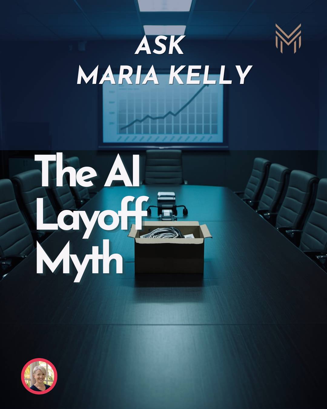  A long corporate boardroom table, empty chairs, a presentation screen at the far end showing a graph going up. On the table, a single cardboard box with a few personal belongings in it. No people.