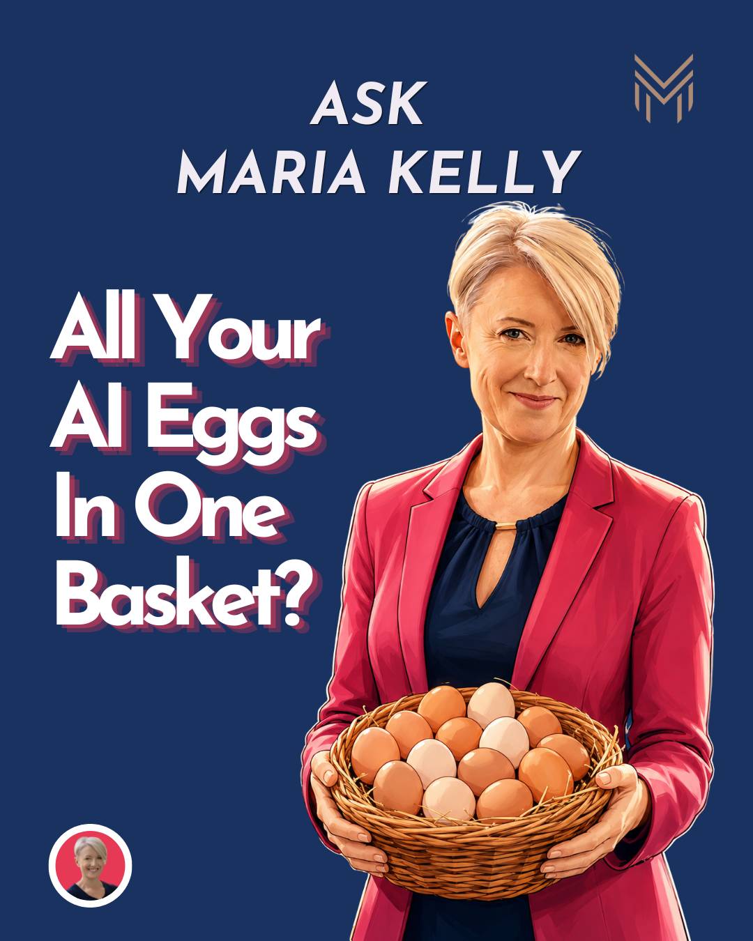 A blond woman in a red blazer holding a basket full of eggs