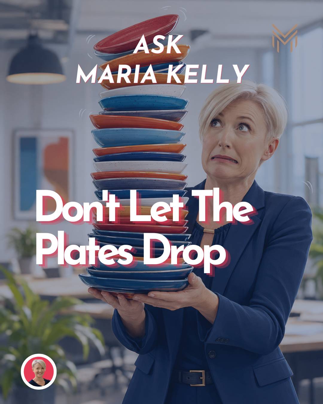 Maria holding a tower stack of plates looking worried that the top one might slip off