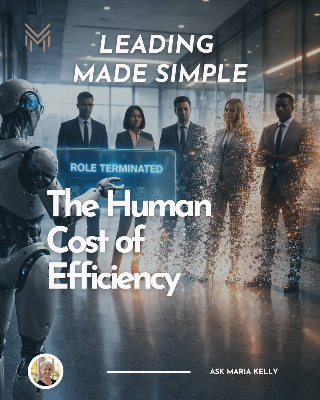 A robot holding up a sign saying "Role Terminated," and a group of employees that are slowly disappearing into the ether, and the words "The Human Cost of Efficiency" in the front. 