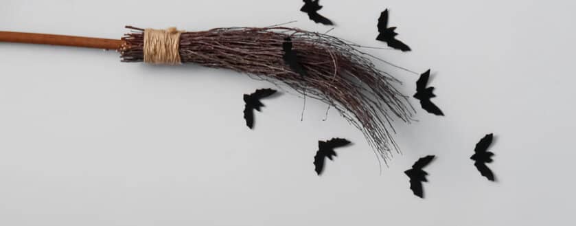 A branch broom on a white surface surrounded by black paper bats.