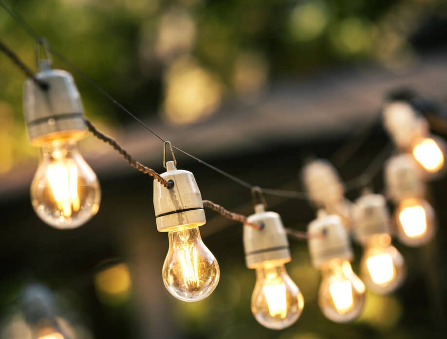 A lit string of lights against a green garden backdrop.