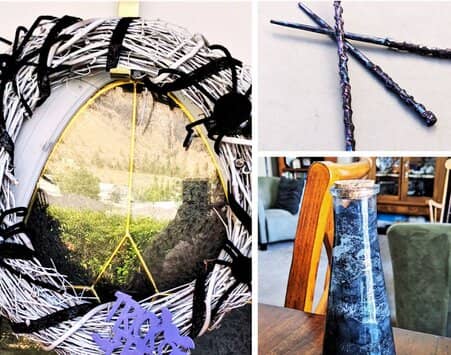 A collage of Halloween decor ideas, a wreath, three magic wands and a potion bottle.