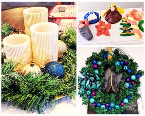 A collage of Christmas ornaments, candles and a wreath.