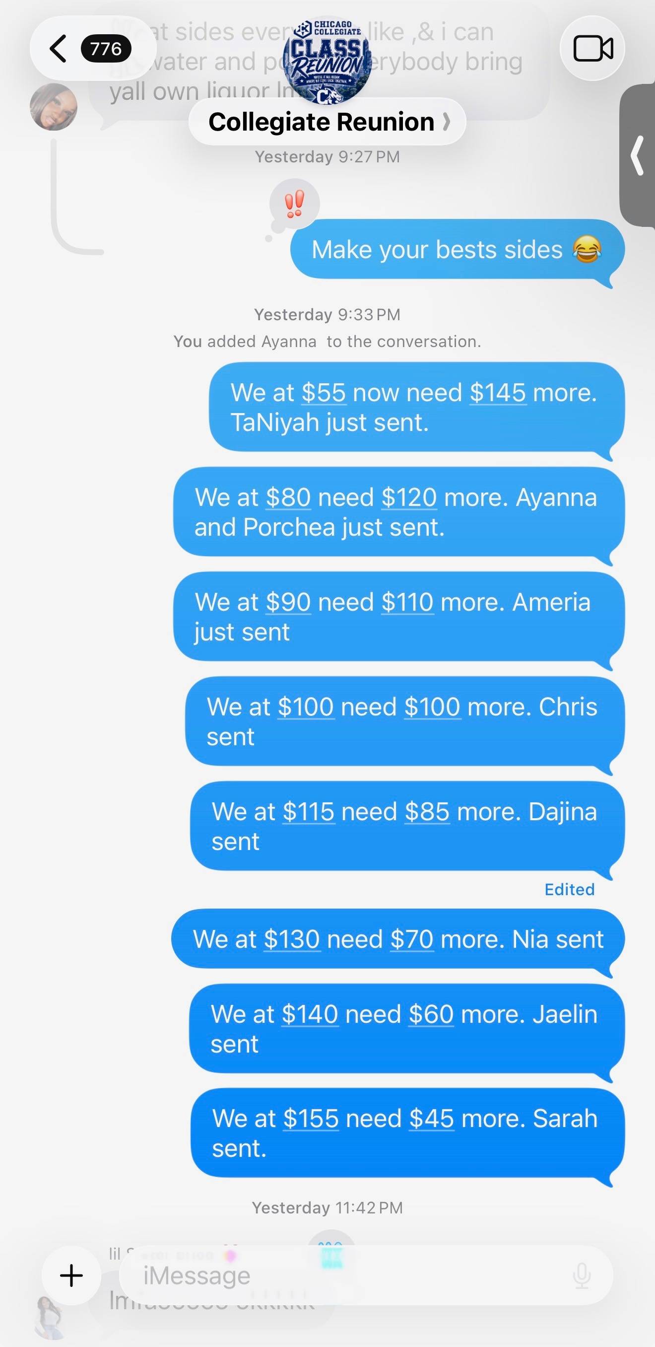 A text chain raising money for a reunion