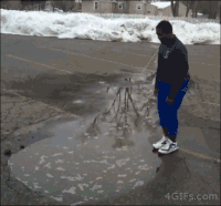 Animated image of a person jumping into a puddle that turns out to be a super deep hole.