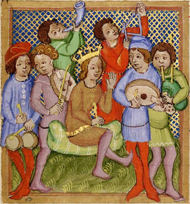 Image from a Medieval illuminated manuscript showing a crowned figure surrounded by musicians playing various instruments. Click image to view source on Wikimedia Commons.