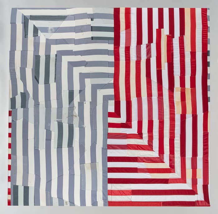 Spiral, by Hank Willis Thomas, made from American flags and decommissioned prison uniforms. Collection of the Smithsonian National Museum of African American History and Culture, Museum purchase generously supported by American Express. For a full descrip
