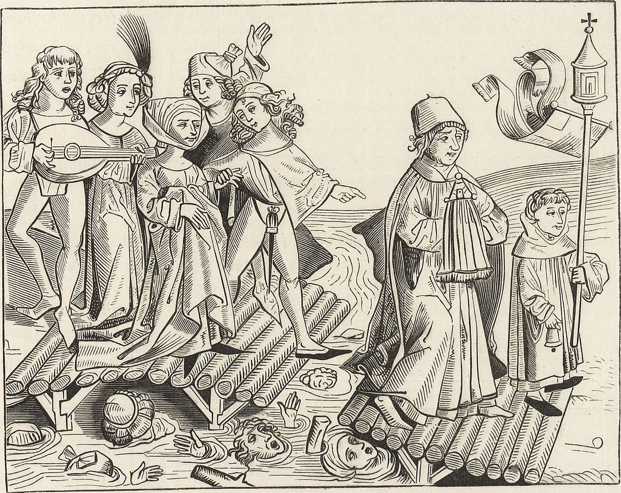 Medieval-era illustration showing a procesion of figures across a wooden bridge which has broken. More people are seen in the water below the bridge. Click image to view source on Wikimedia Commons.