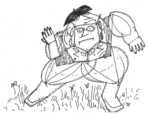 Jules Feiffer's black and white illustration of The Dodecahedron, a character in the novel The Phantom Tollbooth.