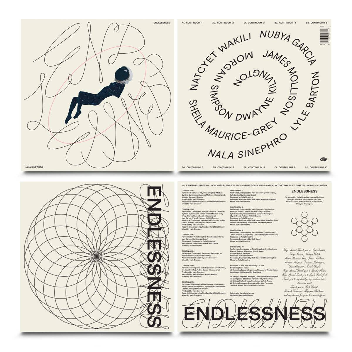 Cover for the ambient jazz album ENDLESSNESS by Nala Sinephro. This view shows the front, back, inside and outside layouts for the album cover, including musician credits and track information.
