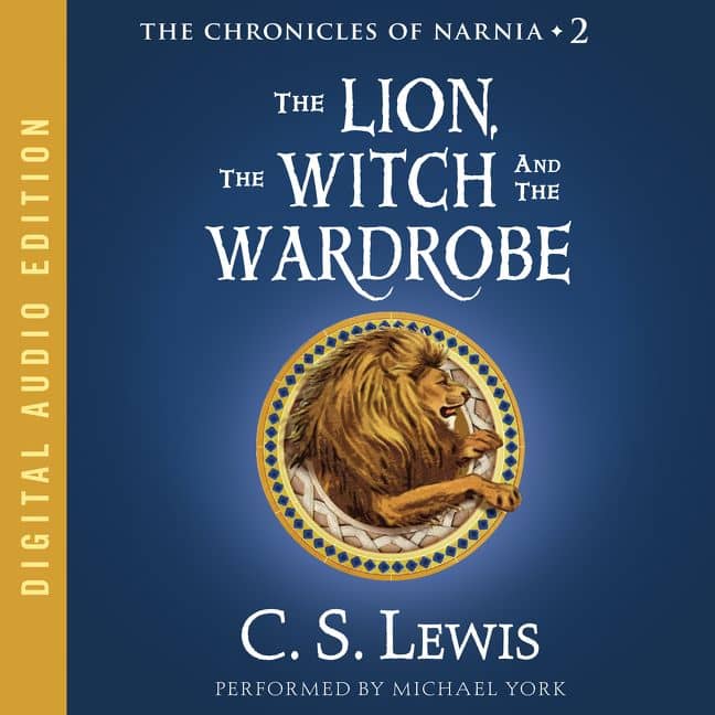 Cover for the 2008 audiobook edition of The Lion, The Witch, and The Wardrobe by C. S. Lewis. In the center of a dark blue field, an ornamental gold circle holds the head and front legs of a male lion.