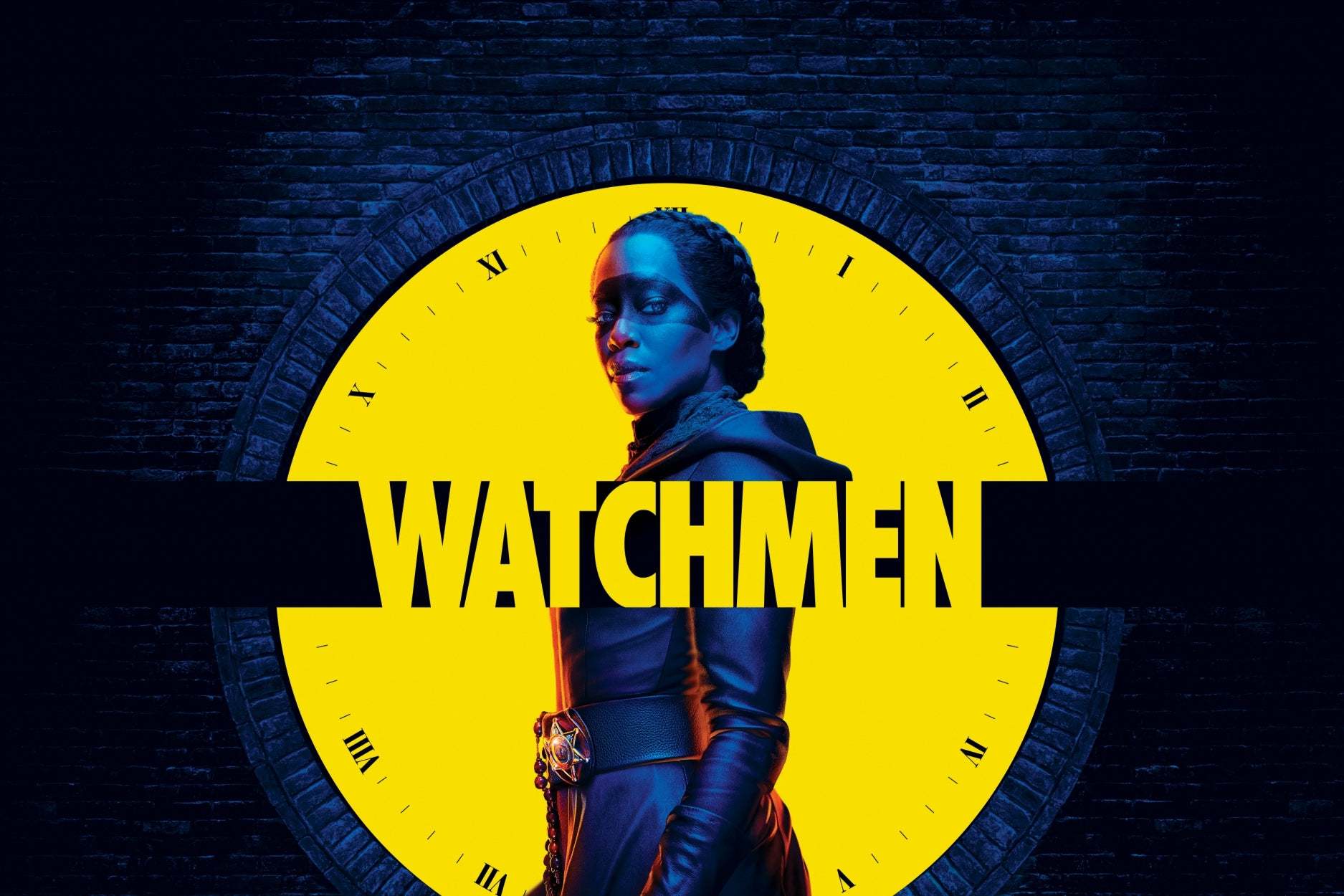 Promotional graphic for the HBO Max show Watchmen, 2019. The dark blue graphic features a yellow clock face in the center, with the figure of actress Regina King, who plays Angela Abar / Sister Night. The central text reads WATCHMEN.