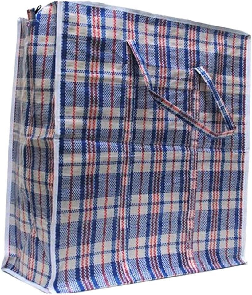 A plastic tote bag with red and blue stripes.