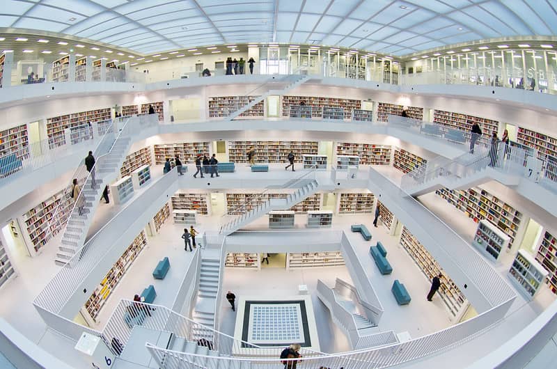 A wide-angle photo of the five-story interior of the public library of the city of Stuttgart. Photo by Flickr user Schub@. Click image to view source.