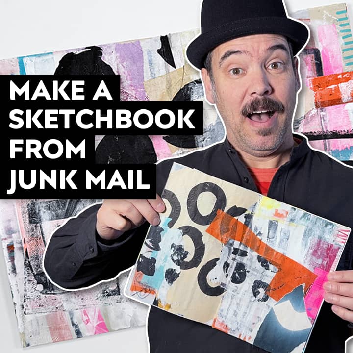 Promotional graphic of the artist Drew Steinbrecher (wearing a black shirt and a black hat) holding one of his abstract collages, superimposed over another collage. Text reads, "Make a sketchbook from junk mail."
