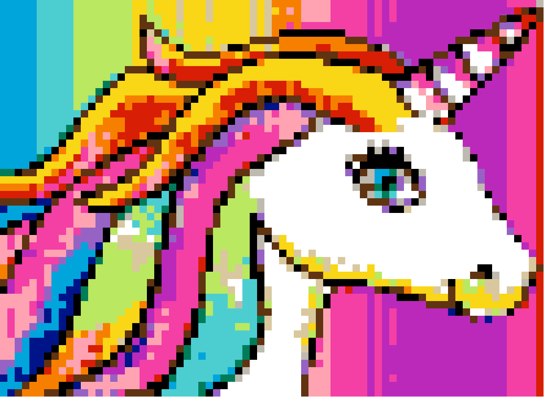 Animated image of a rainbow-striped unicorn appearing out of pixels.