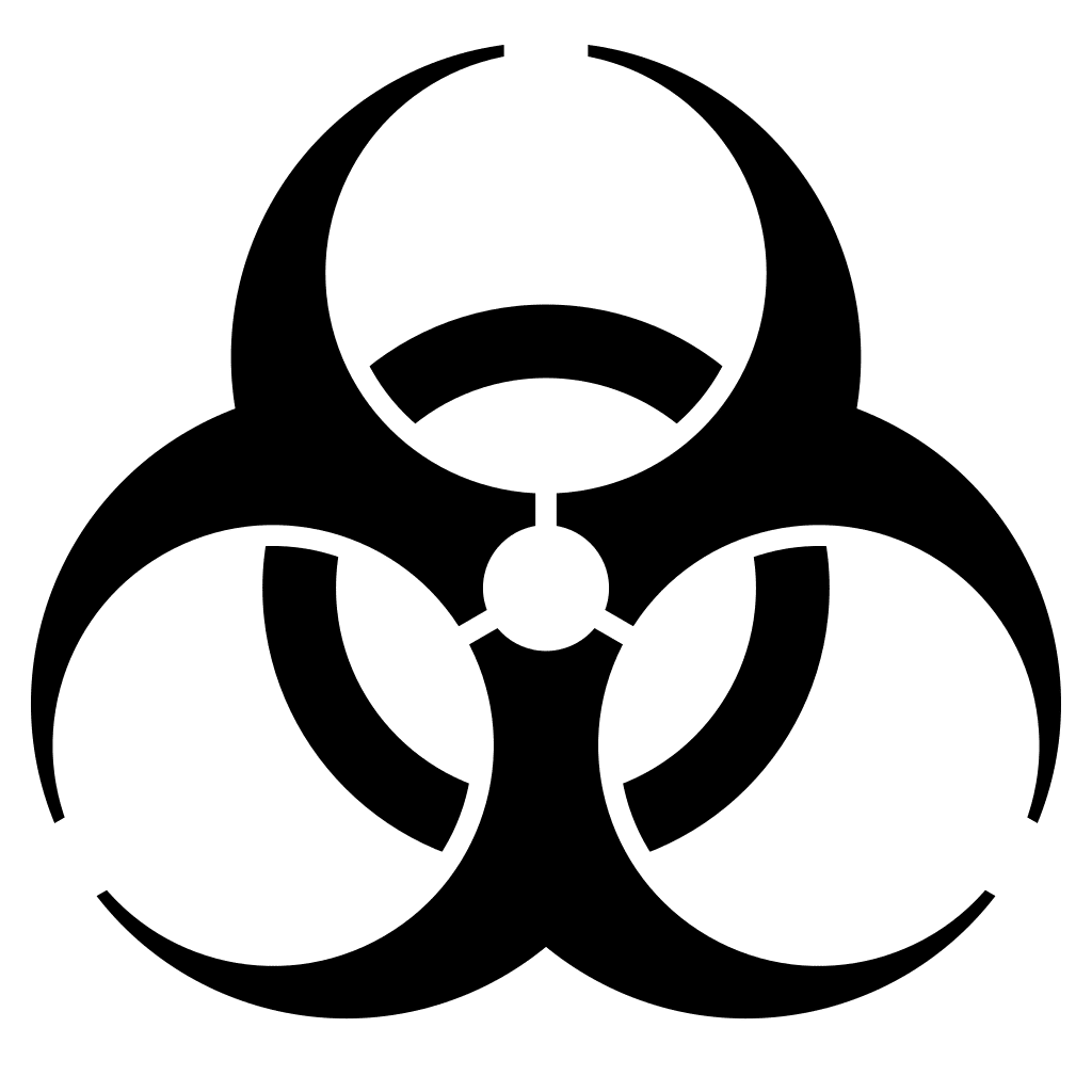 Biohazard symbol in black against a white background. Source: Wikipedia.