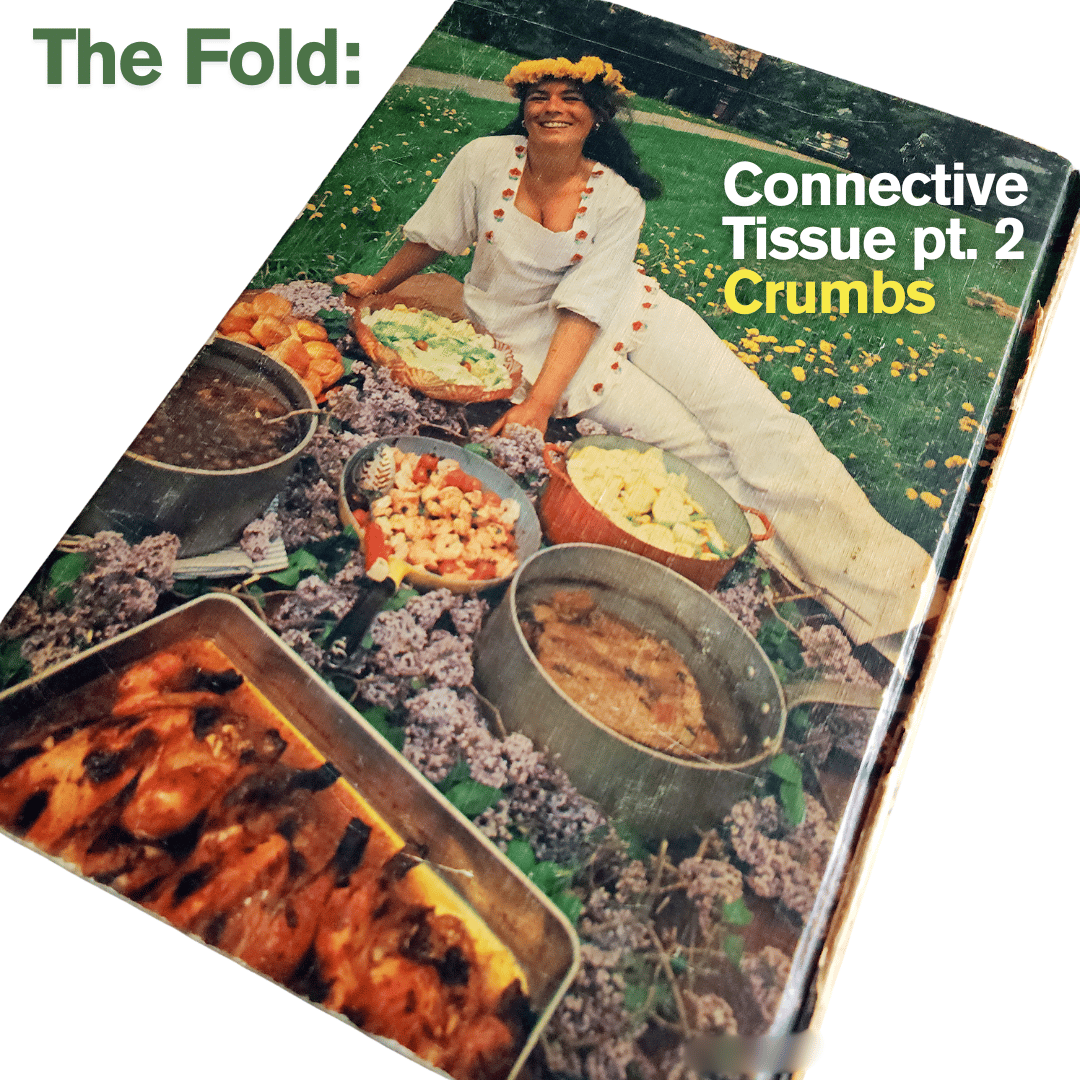 Title card for this newsletter featuring the back of the 1969 cookbook Alice's Restaurant. Text reads: "The Fold: Connective Tissue pt. 2 / Crumbs"