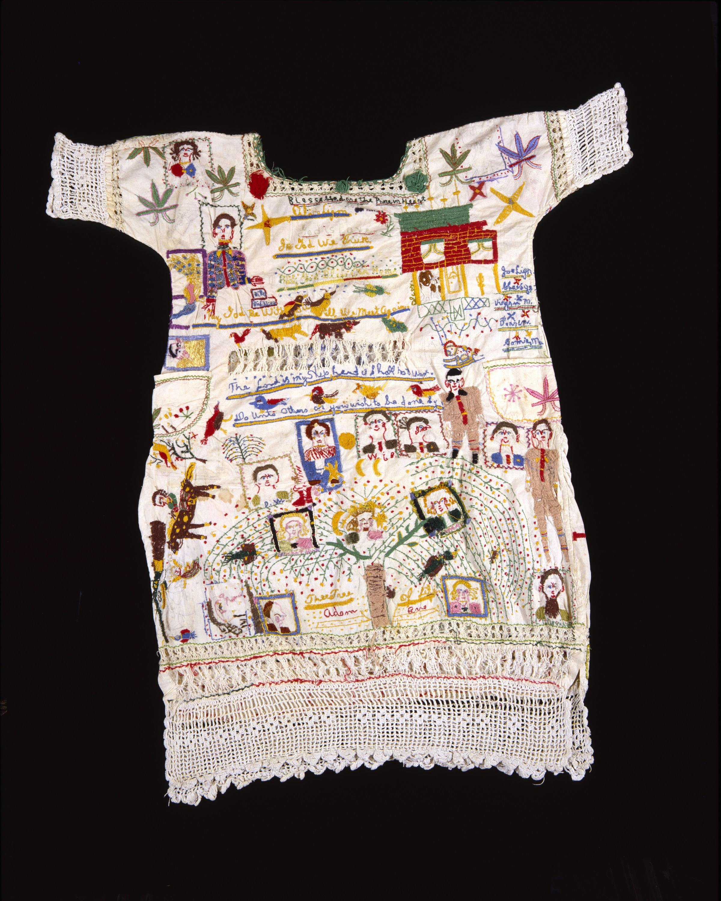 Alice Eugenia Ligon, Embroidered Garment, ca. 1949, embroidered muslin, cotton crochet; pencil; cotton rick-rack trim, 43 3⁄4 x 38 1⁄2 in. (111.1 x 97.8 cm.), Smithsonian American Art Museum, Gift of Herbert Waide Hemphill, Jr., 1989.78.2