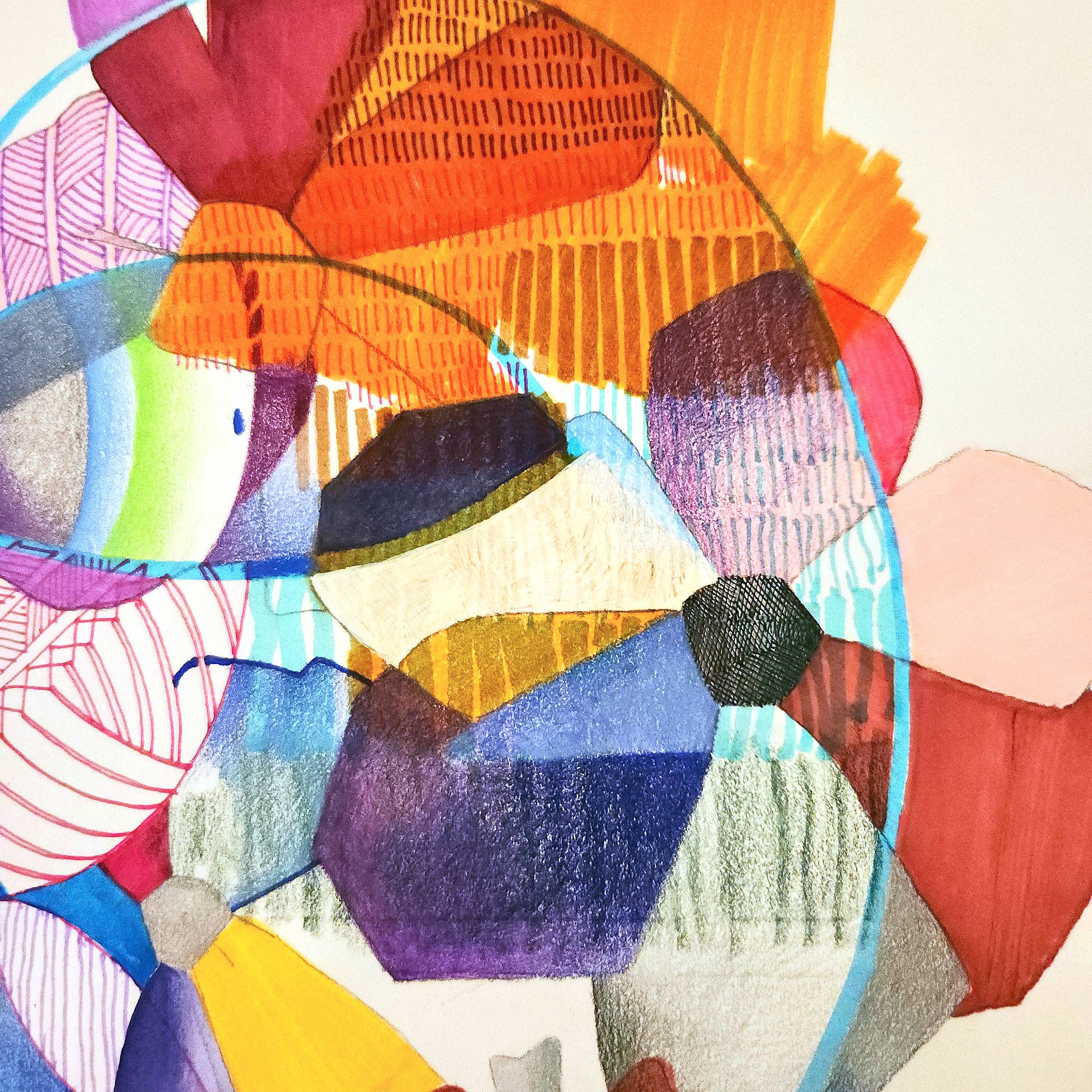 Close-up photo of a drawing in Sarah Atlee’s sketchbook. This drawing includes some chunky abstract flowers rendered using ink, colored pencil, and watercolor. there are many rows of short, repeating marks. The colors include red, yellow, orange, pink, pu