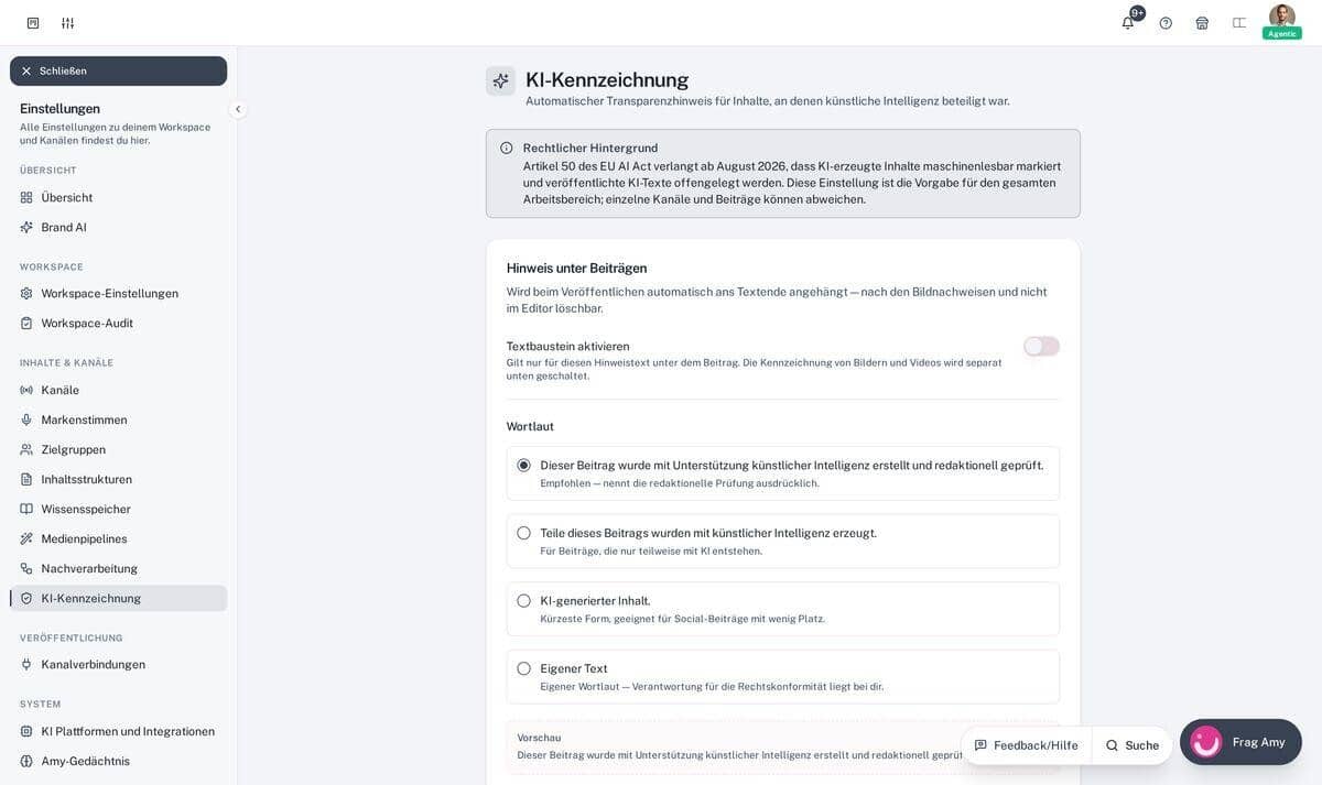 Zentrale KI-Kennzeichnung im Einstellungs-Hub mit vorformulierten Hinweistexten