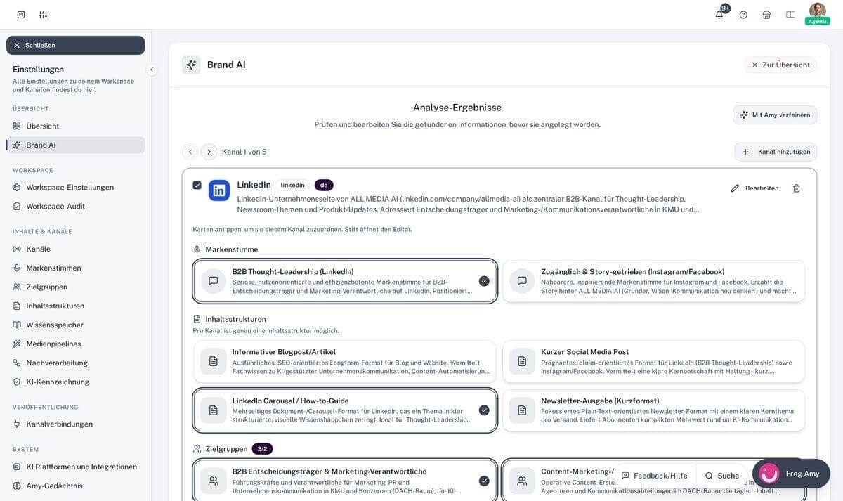Einstellungs-Hub mit Systemeinrichtung, Brand AI und Kanalverwaltung