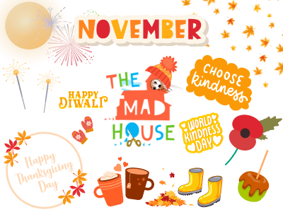 The Mad House logo surrounded by fireworks, sparklers, Poppy, Kindness and toffee apple