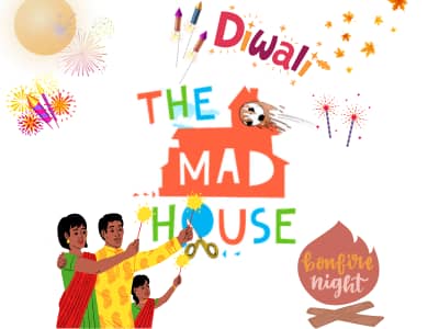 Mum in the m`ad `house logo surrounded by fireworks and Diwali clipart
