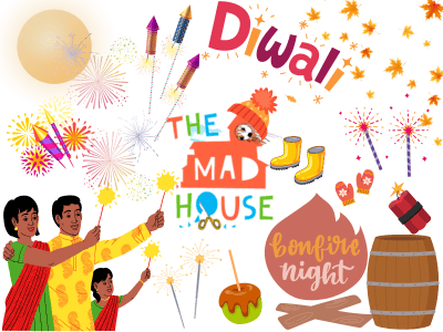 The Mad House logo surrounded by fireworks, sparklers, a bonfire and toffee apple