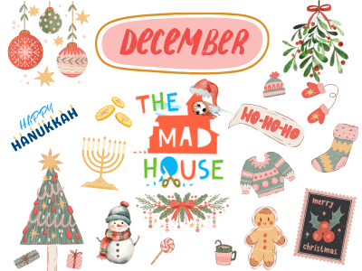 The Mad House logo surrounded by Festive Icons 