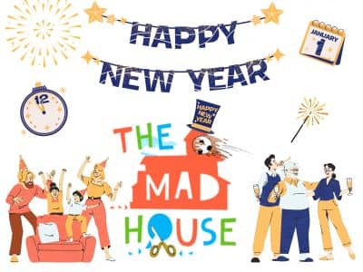 Happy New year banner above The Mad House logo