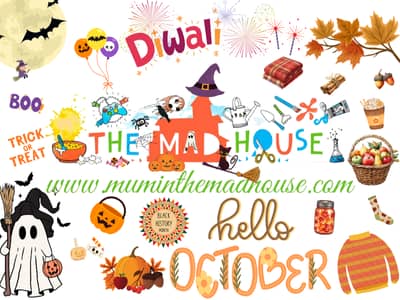 October newsletter collage with Halloween pumpkins, ghosts, autumn leaves, Diwali fireworks, cosy sweaters, apples, and seasonal icons around the text ‘Hello October’ and ‘The Mad House – www.muminthemadhouse.com