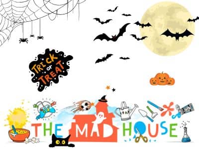 Mum in the Mad House logo surrounded by Halloween clip art